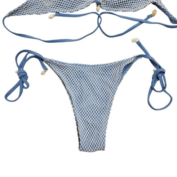 Blue & White Zaful Womens Bikini Set Size S Tie Closures Mesh Overlay Design - Picture 3 of 5